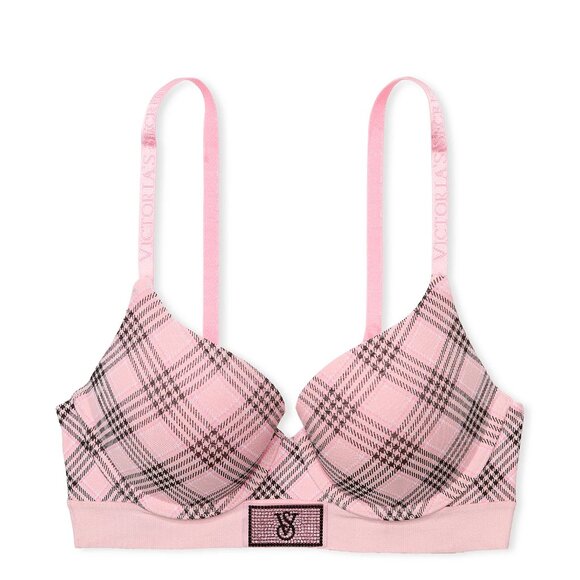 32DD/S Victoria Secret Shine Patch Cotton Push Up Bra Set Thong Panty Pink Plaid - Picture 4 of 13